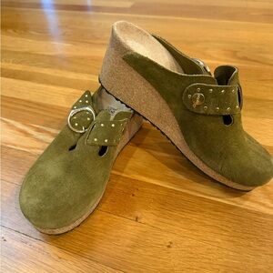 Birkenstock Papillio Olive Green suede clogs